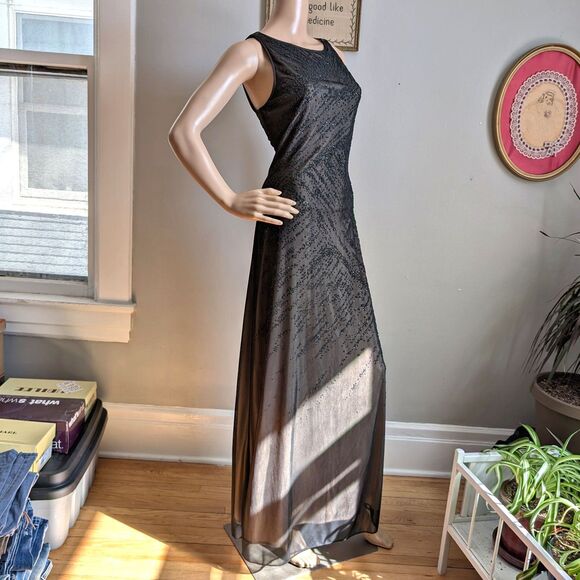 Vintage 90s LA Glo Prom Gown Black Glitter Semi Sheer Whimsygoth Dress Size M - Picture 10 of 15